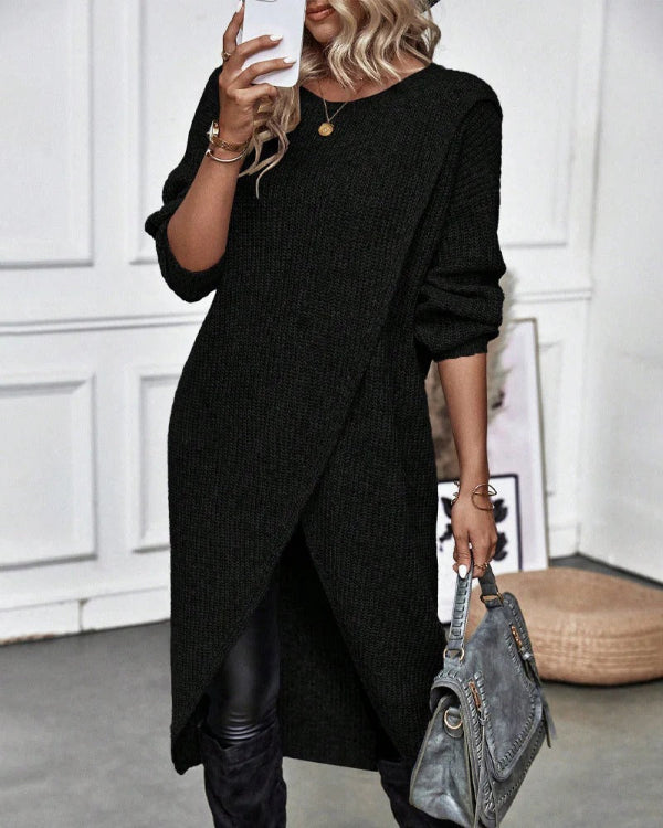 Ribbed Wool Asymmetrical Wrap Long Pullover
