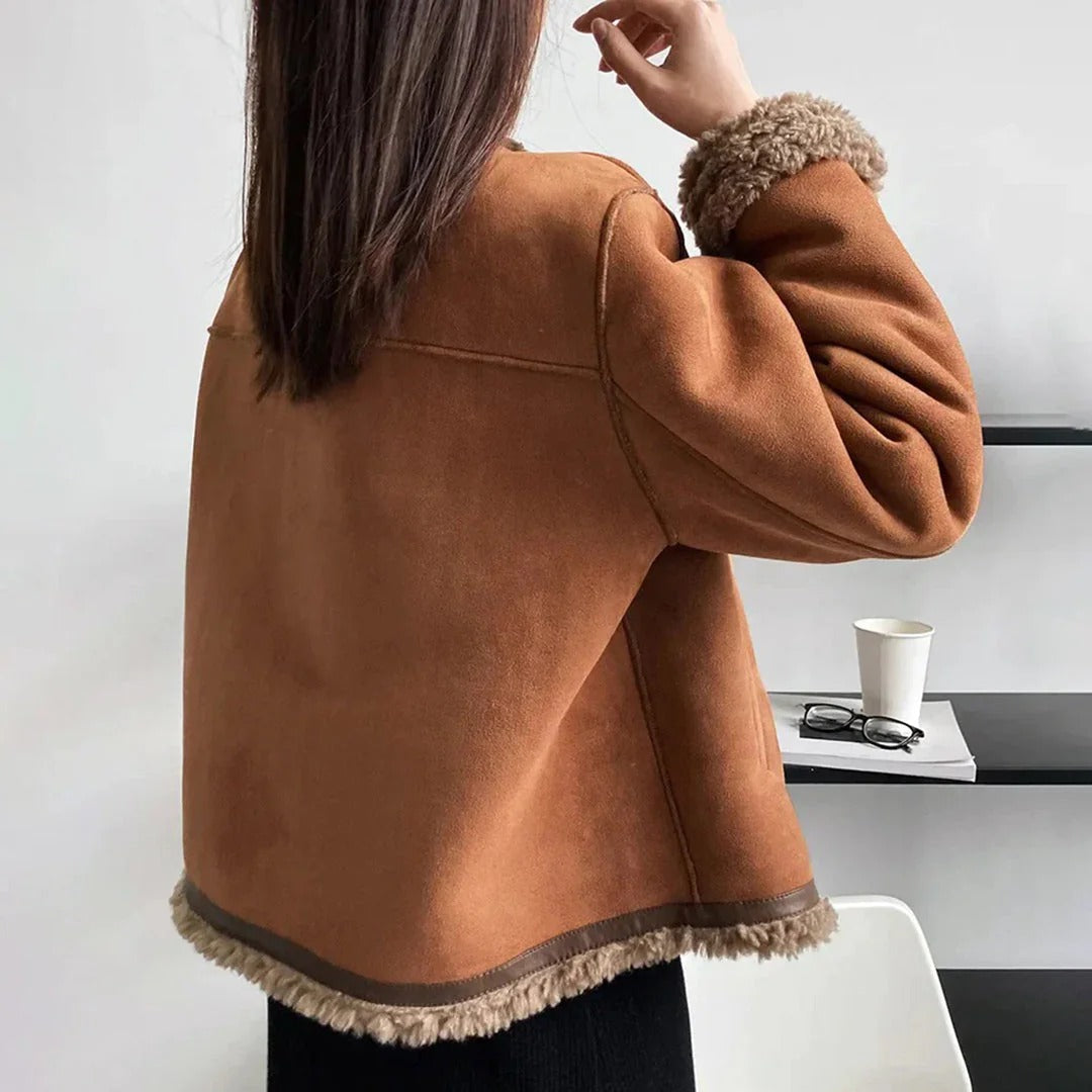 Faux Suede Shearling Trim Relaxed Fit Coat