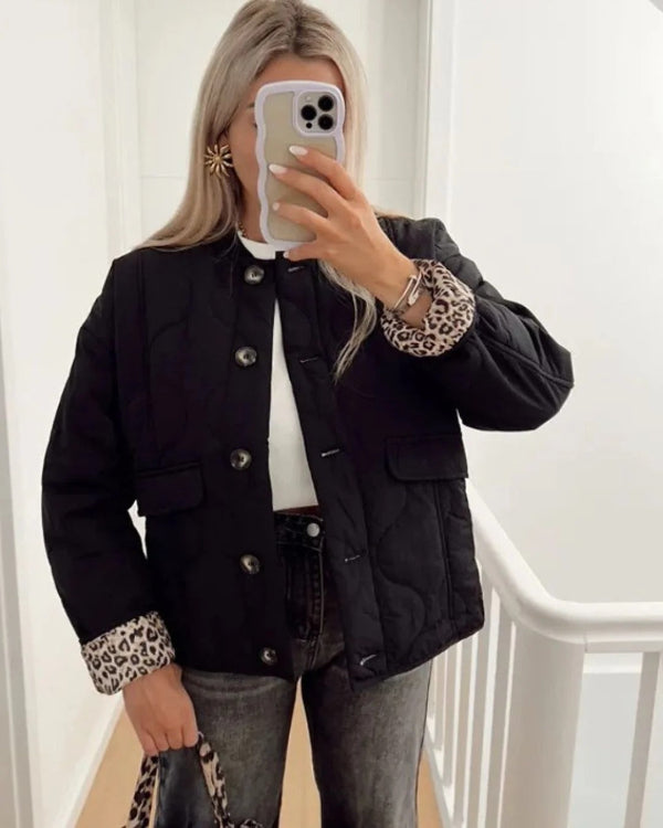 Leopard Cuff Relaxed Fit Quilted Jacket