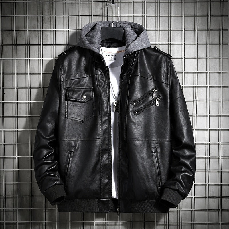 Faux Leather Hooded Knit Bomber Jacket