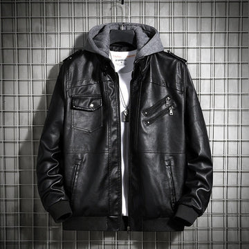 Faux Leather Hooded Knit Bomber Jacket