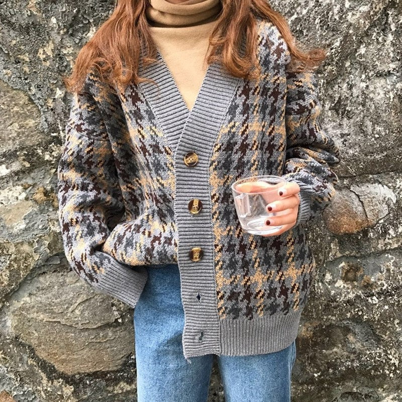 Knitted Houndstooth Relaxed Fit Cardigan Sweater