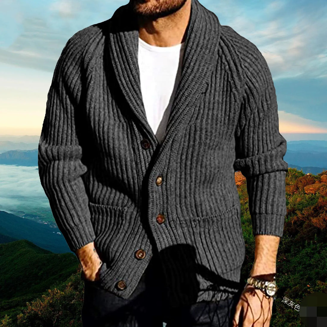 Shawl Collar Ribbed Knit Slim Fit Cardigan