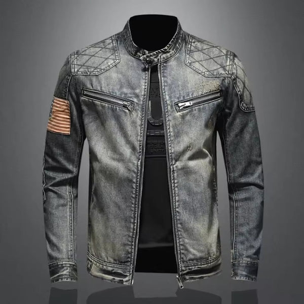 Men’s Denim Jacket – Slim Fit – Quilted Shoulders – Zip Stand Collar – Chest Pockets