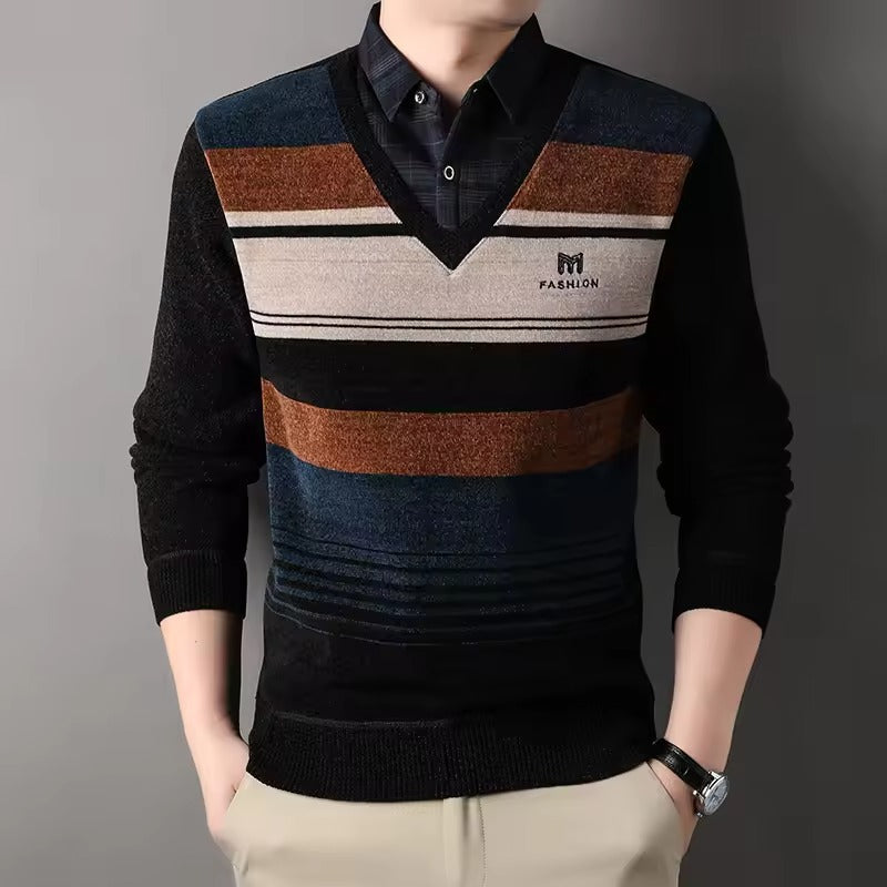 Striped Knit Fleece Blend Pullover Sweater