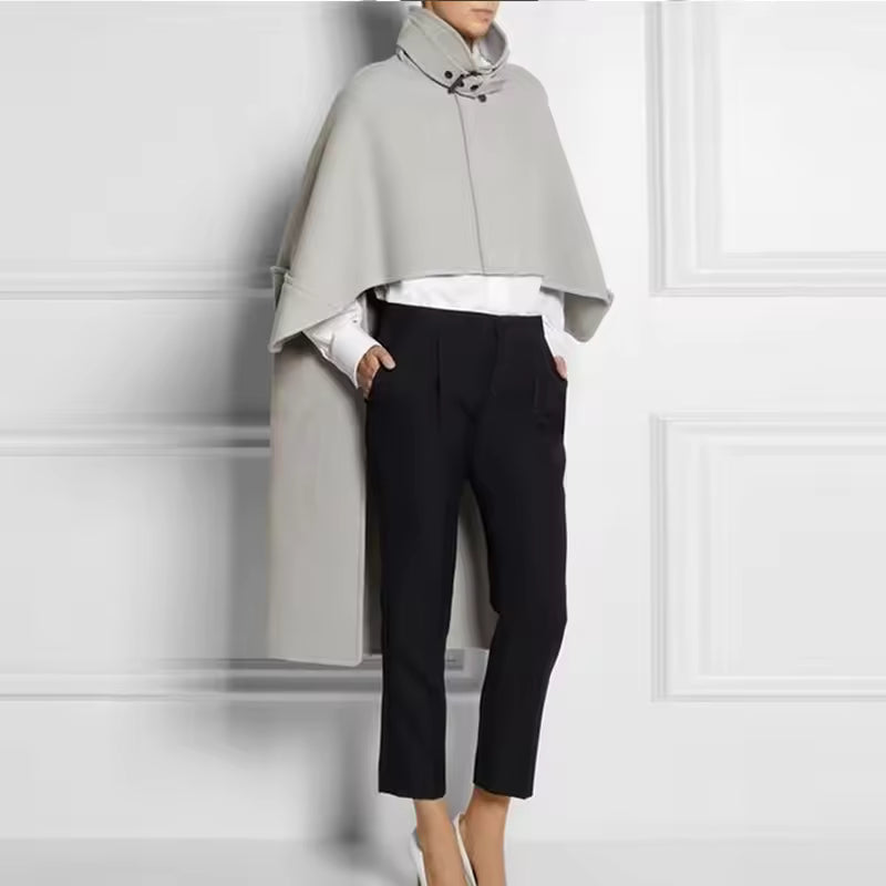Wool Blend High Stand Collar Cape Coat
