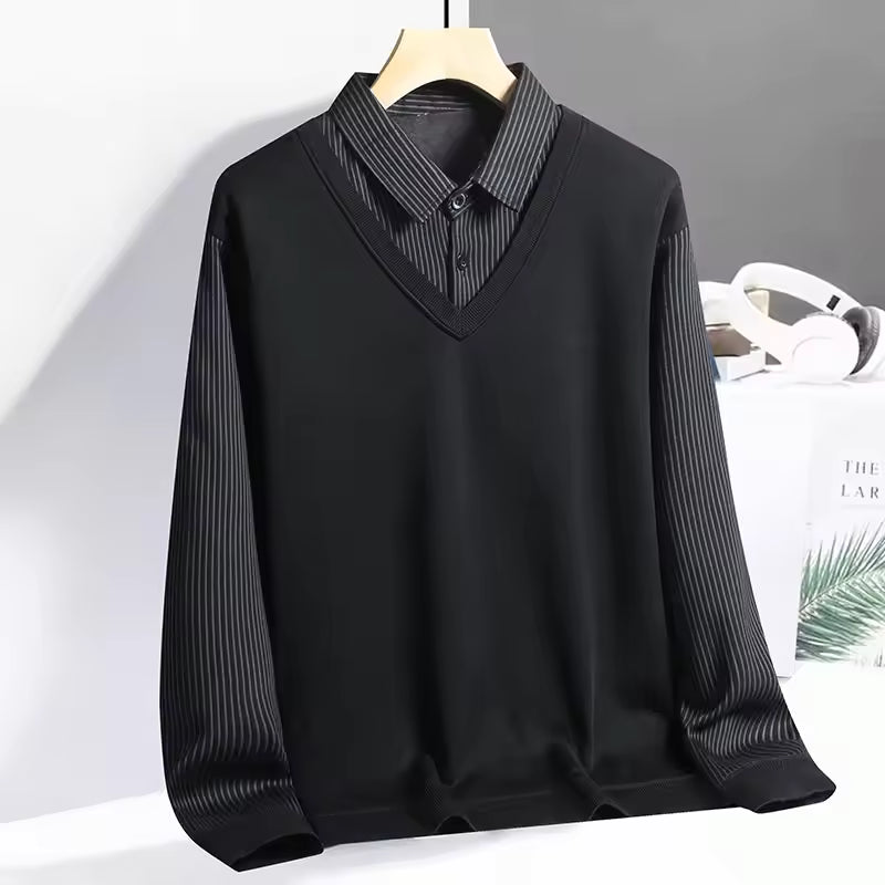 Knit V-Neck Layered Look Polo Sweatshirt