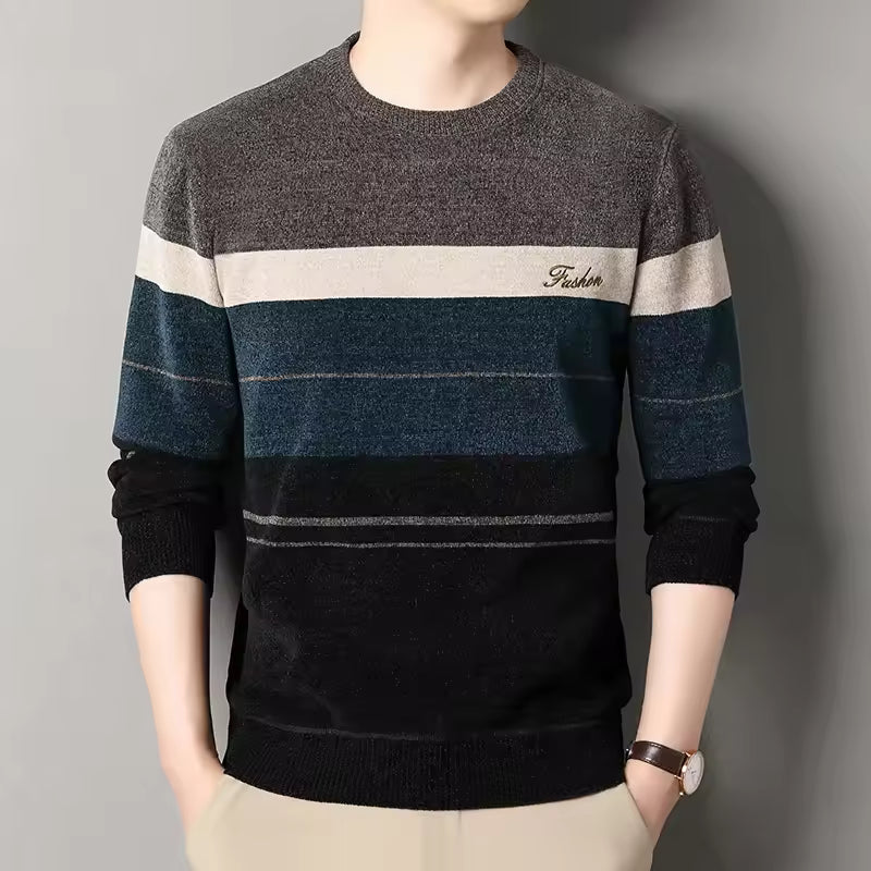 Wool Blend Striped Crew Neck Pullover Sweater