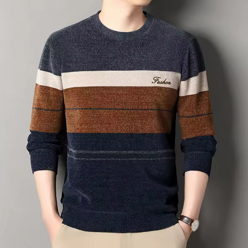 Wool Blend Striped Crew Neck Pullover Sweater