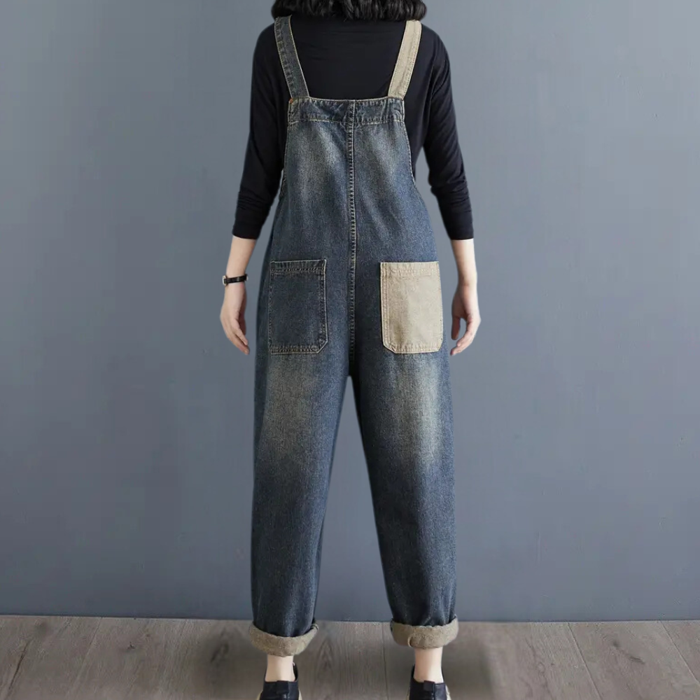 Women's Denim Overalls - Loose Fit - Patchwork Design - Adjustable Straps - With Pockets