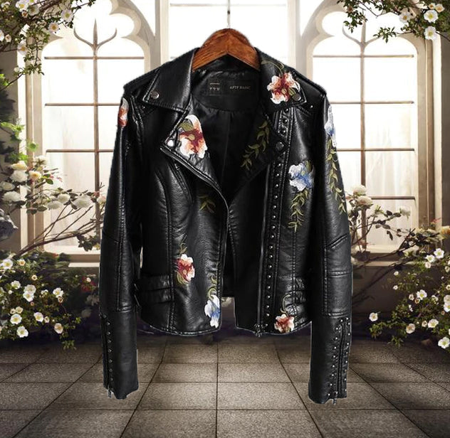 Studded Floral Embroidery Biker Jacket
