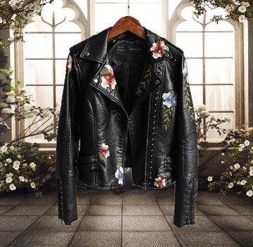 Studded Floral Embroidery Biker Jacket