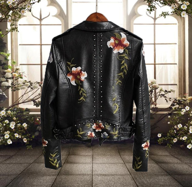 Studded Floral Embroidery Biker Jacket