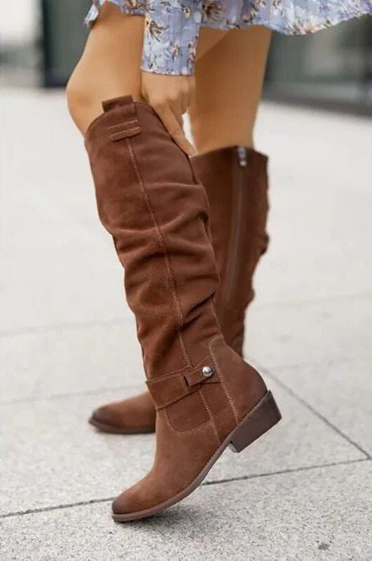 Suede Buckle Detail Low Heel Knee-High Boots