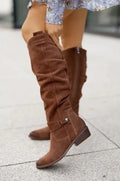 Women's Knee-High Boots – Suede – Low Heel – Zipper – Buckle Detail