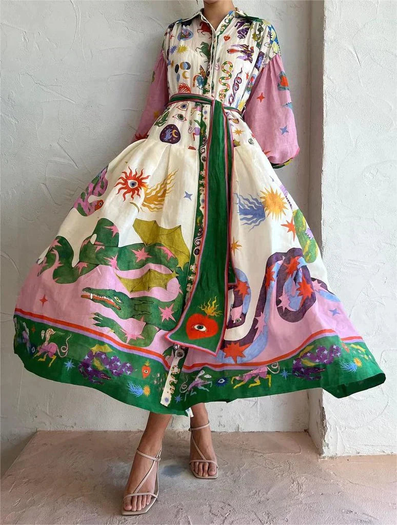 Women's Maxi Dress - Fit-and-Flare Silhouette - Long Sleeve - Printed Collared Elegant Style