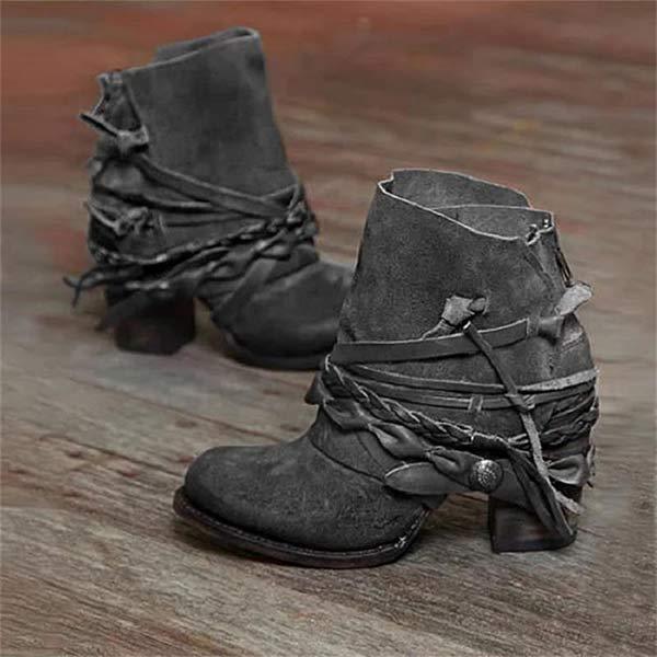 Leather Strap Block Heel Ankle Boots