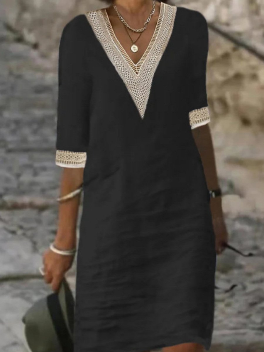 Women's Dress – Linen Blend – Relaxed Fit – V-Neck with Lace – 3/4 Sleeves – Knee Length