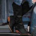 Women's Cowboy Boots - Suede Texture - Pointed Toe - Low Heel - Embroidery Details