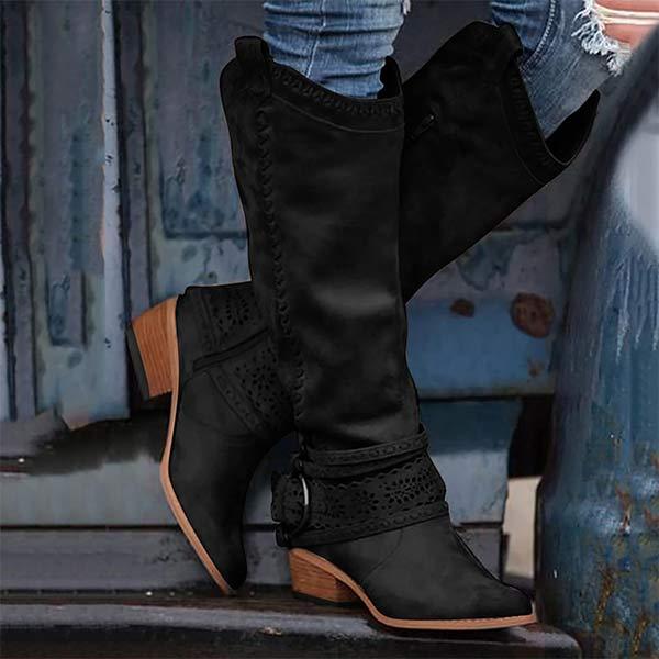 Women's Cowboy Boots - Suede Texture - Pointed Toe - Low Heel - Embroidery Details