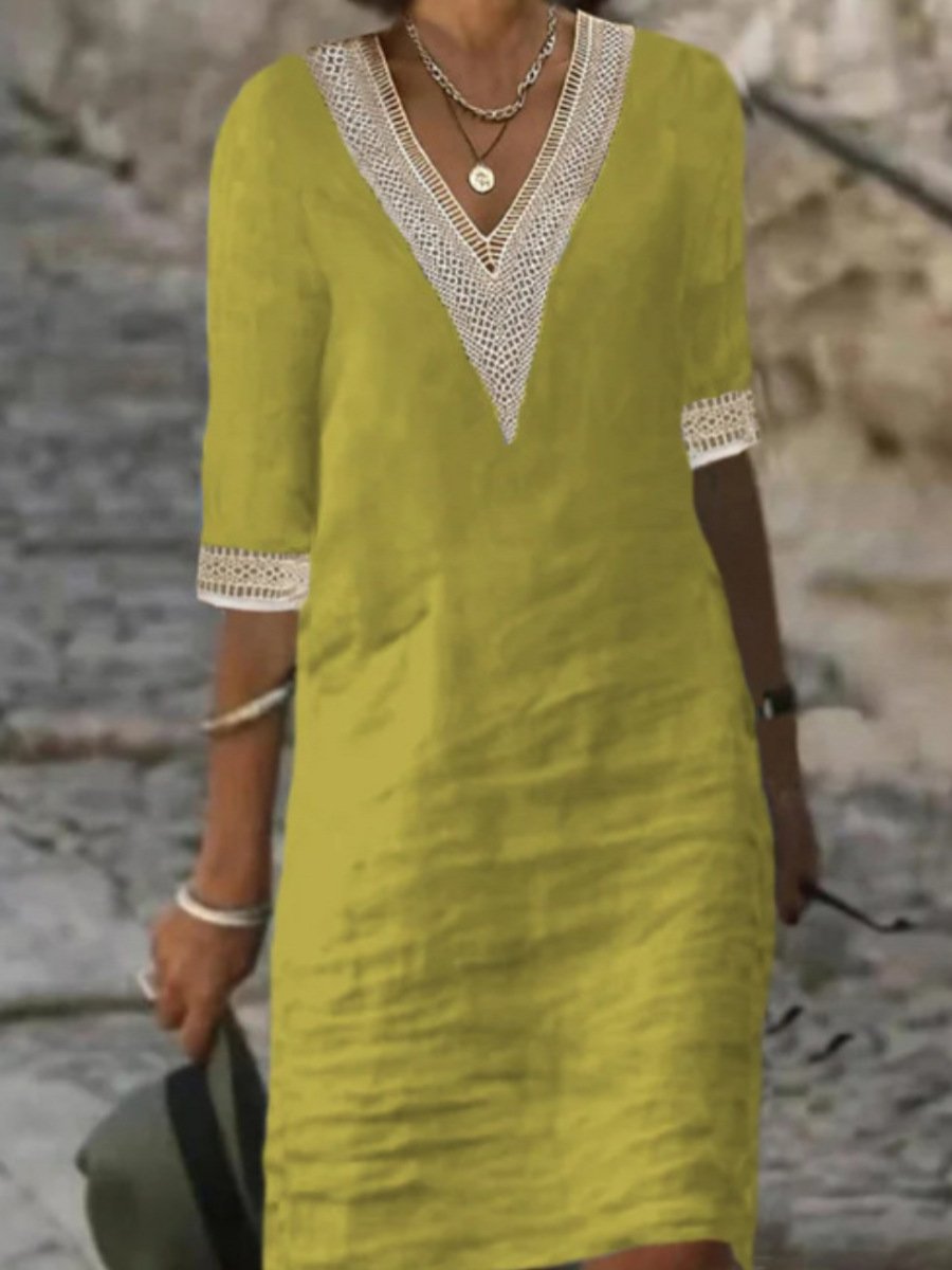 Women's Dress – Linen Blend – Relaxed Fit – V-Neck with Lace – 3/4 Sleeves – Knee Length