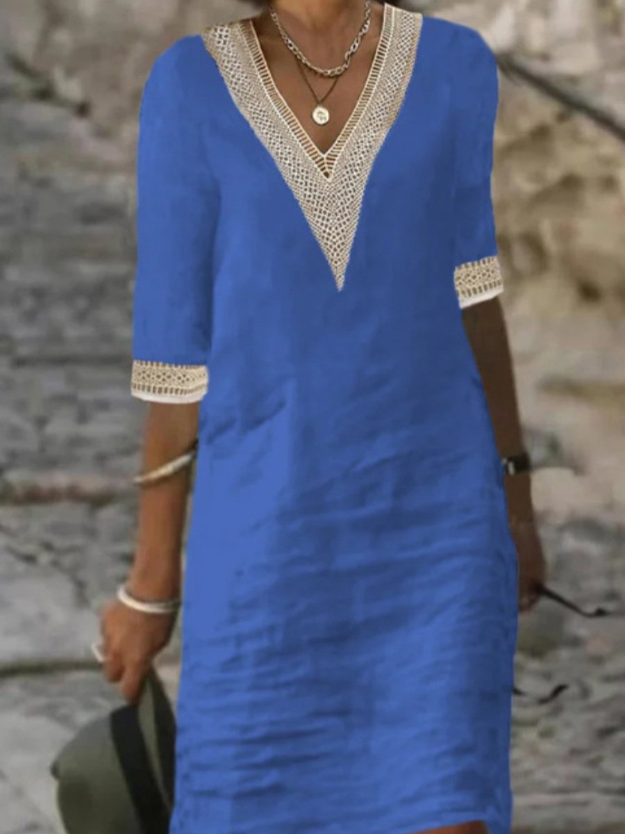 Linen Blend Relaxed Fit V-Neck Lace Dress