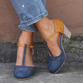 Women's High Heeled Shoes – T-Strap Design – Block Heel – Brogue Details – Buckle Closure