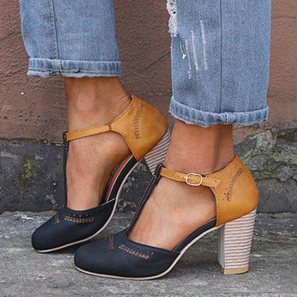 Women's High Heeled Shoes – T-Strap Design – Block Heel – Brogue Details – Buckle Closure