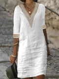 Women's Dress – Linen Blend – Relaxed Fit – V-Neck with Lace – 3/4 Sleeves – Knee Length