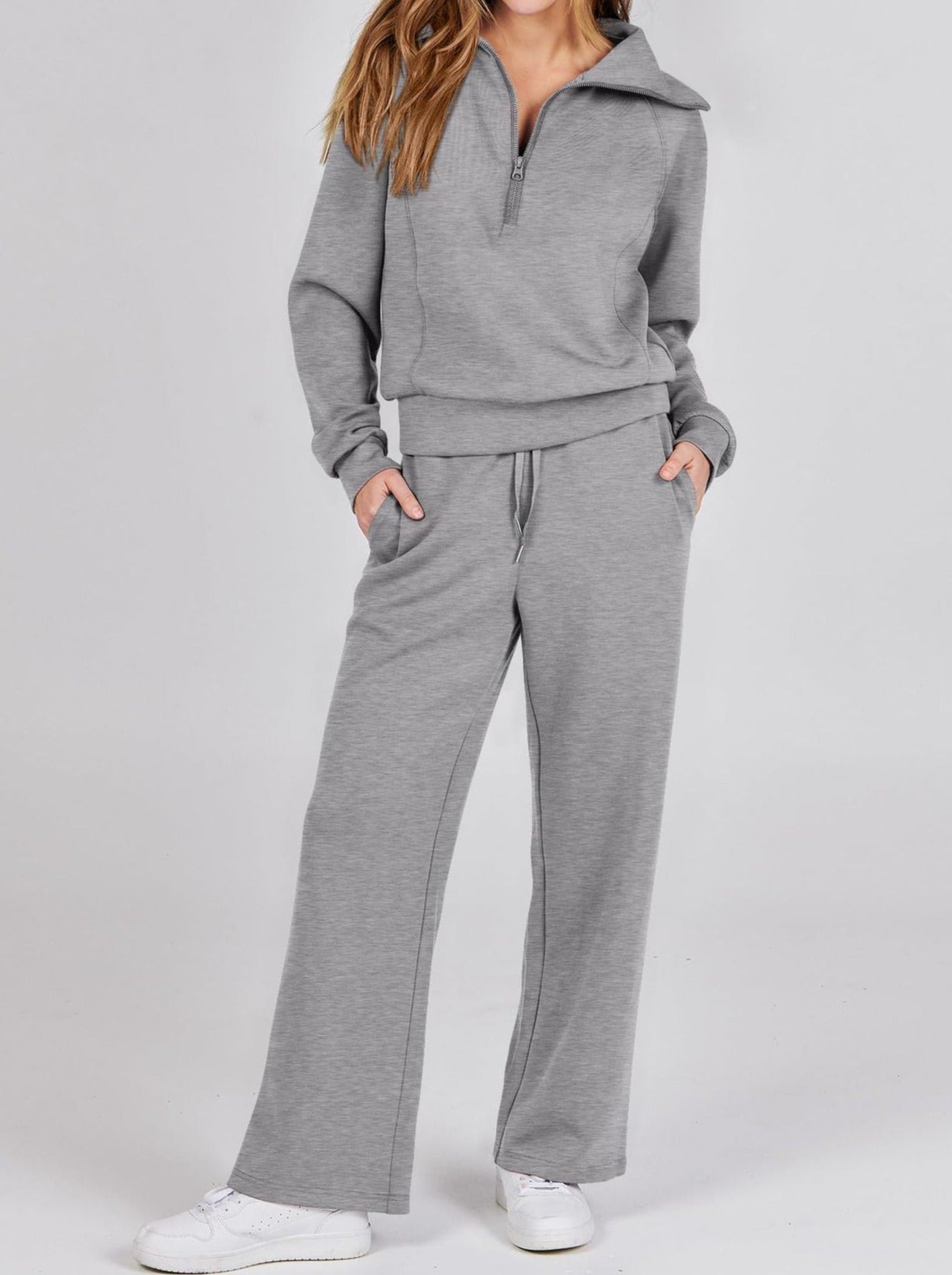 Dame Jogging Sæt - Afslappet Pasform - Half-Zip Sweatshirt & Vide Bukser - Blød Komfort