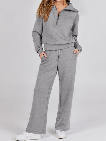 Dame Jogging Sæt - Afslappet Pasform - Half-Zip Sweatshirt & Vide Bukser - Blød Komfort