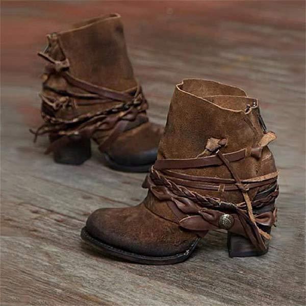 Leather Strap Block Heel Ankle Boots