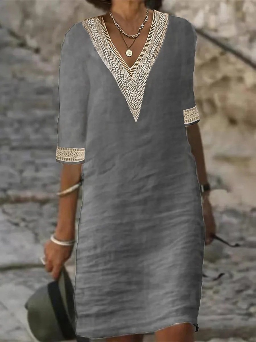Women's Dress – Linen Blend – Relaxed Fit – V-Neck with Lace – 3/4 Sleeves – Knee Length