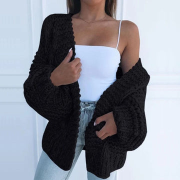 Dame Strikcardigan - Chunky Strik - Åben Front - Afslappet Pasform - Langærmet