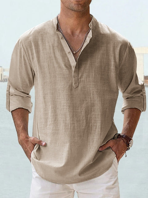 Men's Shirt - Relaxed Fit - Long-Sleeved - Sustainable Lightweight Fabric - Grandad Collar