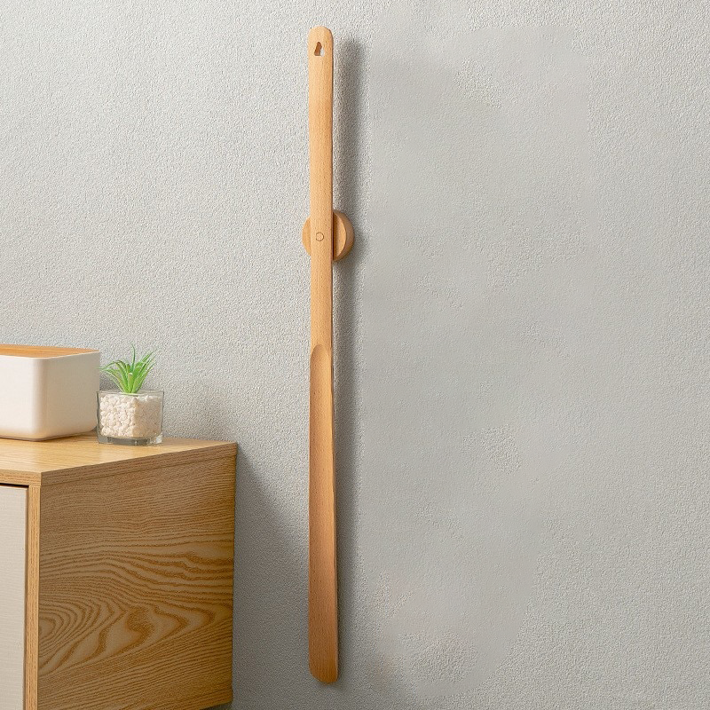 Solid Wood Long-Handle Shoehorn With Wall Mount