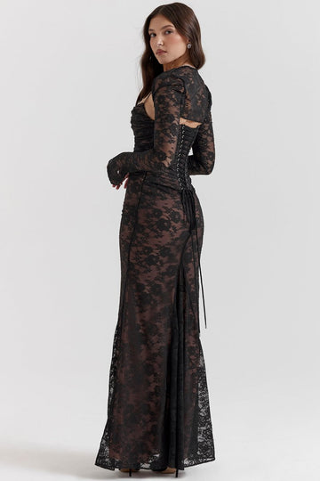 Dame Blondekjole - Elegant Corset-Design - Langærmet - Figursyet Aftenkjole