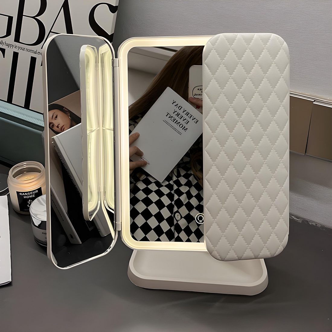 Glass Quilted LED Tri-Fold Make-Up Mirror