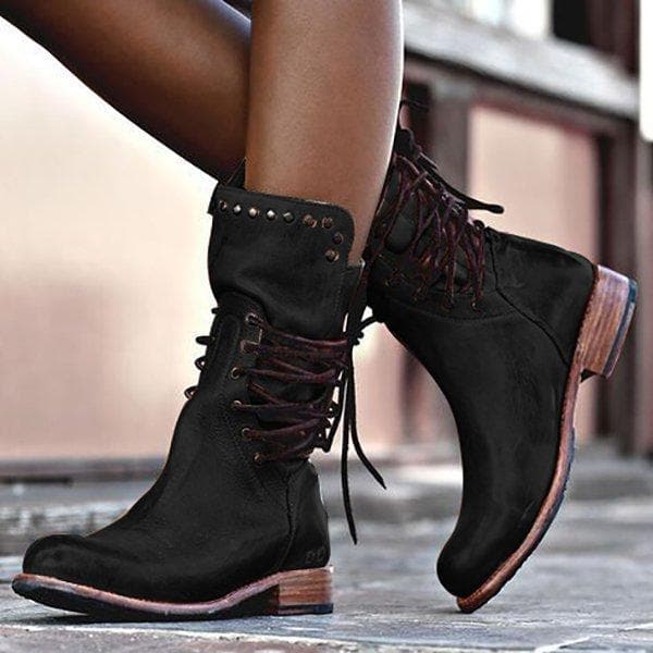 Women's Leather Boots – Mid-Height – Lace-Up Closure – Stud Styling – Sturdy Sole