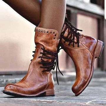 Leather Studded Lace-Up Mid-Height Boots
