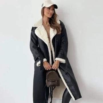 Dame Lang Shearling Læderfrakke – Afslappet Pasform – Dobbelt Rad – Bred Revers