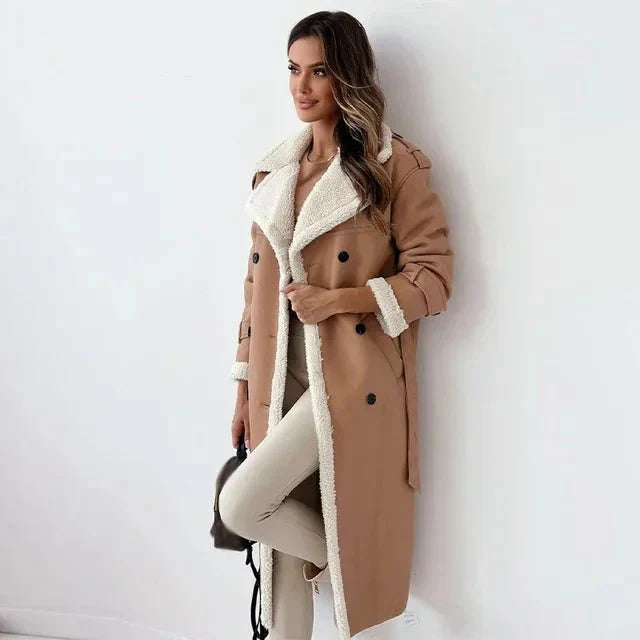 Dame Lang Shearling Læderfrakke – Afslappet Pasform – Dobbelt Rad – Bred Revers