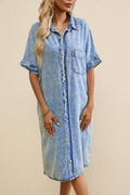 Women's Shirt Dress - Comfortable Denim - Oversized Fit - Short Sleeves - Button Closure