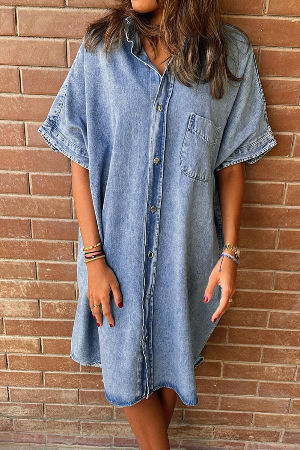 Women's Shirt Dress - Comfortable Denim - Oversized Fit - Short Sleeves - Button Closure