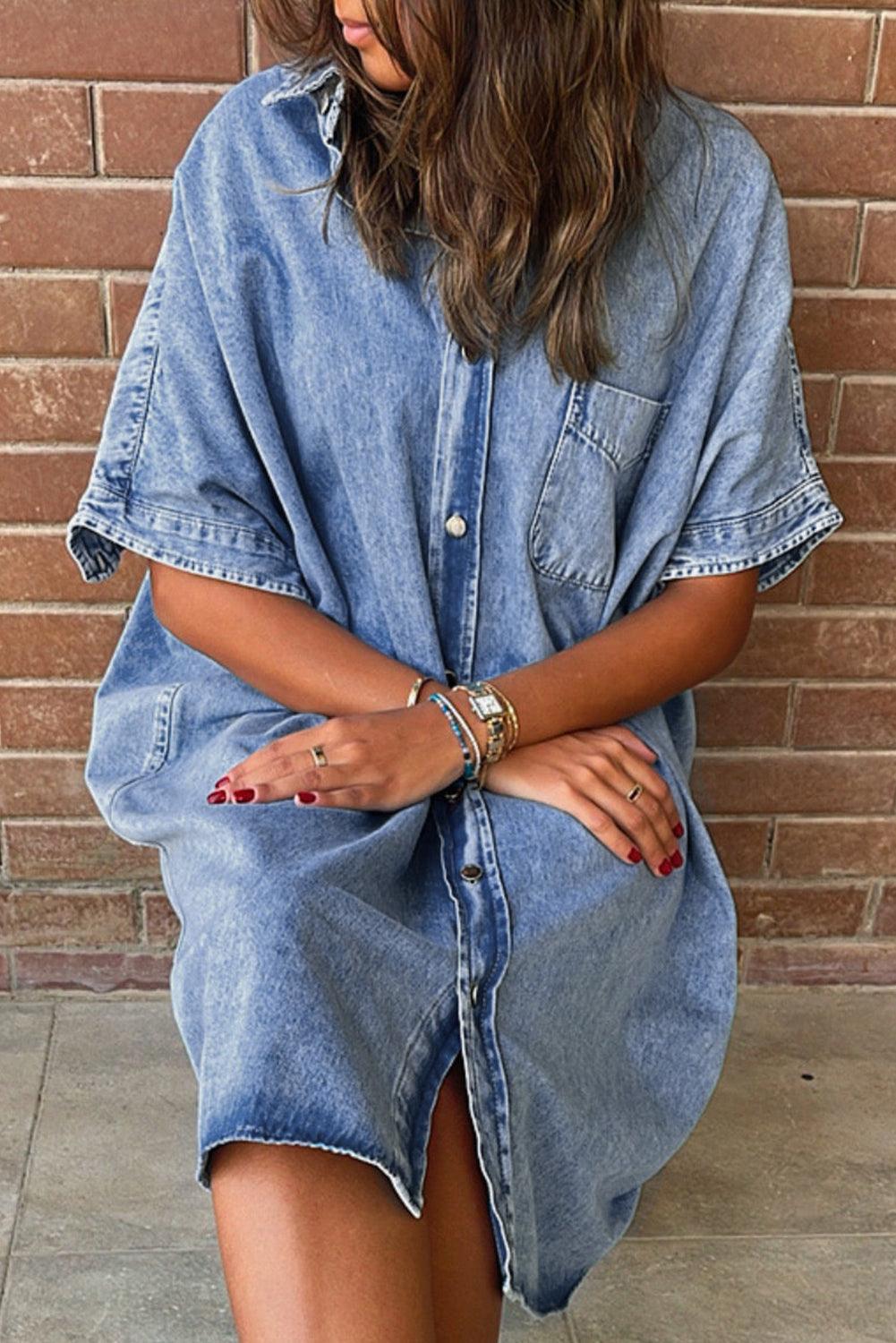 Women's Shirt Dress - Comfortable Denim - Oversized Fit - Short Sleeves - Button Closure
