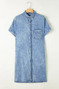 Women's Shirt Dress - Comfortable Denim - Oversized Fit - Short Sleeves - Button Closure