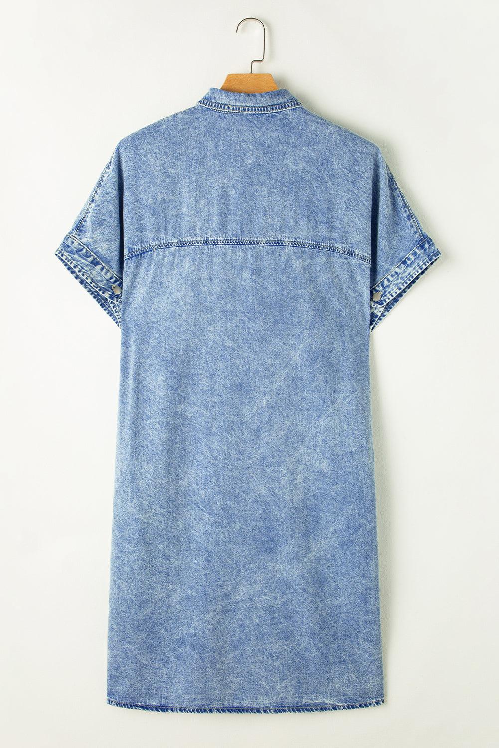 Women's Shirt Dress - Comfortable Denim - Oversized Fit - Short Sleeves - Button Closure