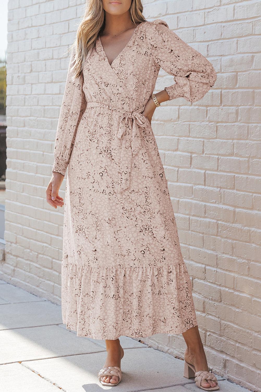 Women's Maxi Dress - V-Neck Wrap Design - Tie Belt - Long Puff Sleeves - Airy Fit