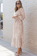 Women's Maxi Dress - V-Neck Wrap Design - Tie Belt - Long Puff Sleeves - Airy Fit