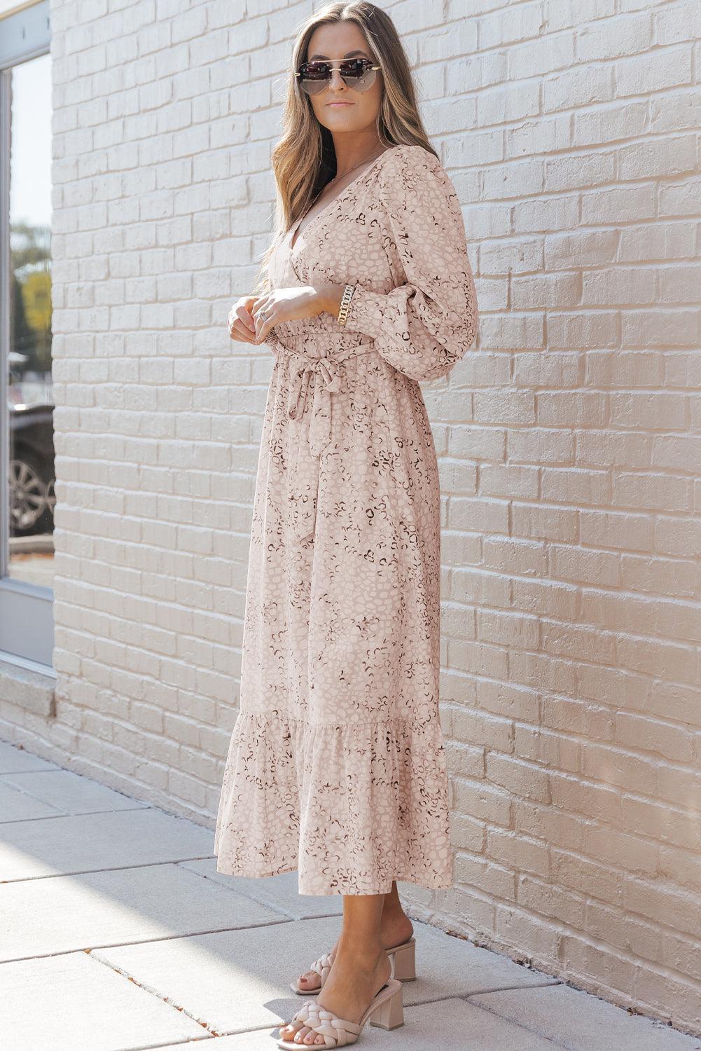 Women's Maxi Dress - V-Neck Wrap Design - Tie Belt - Long Puff Sleeves - Airy Fit
